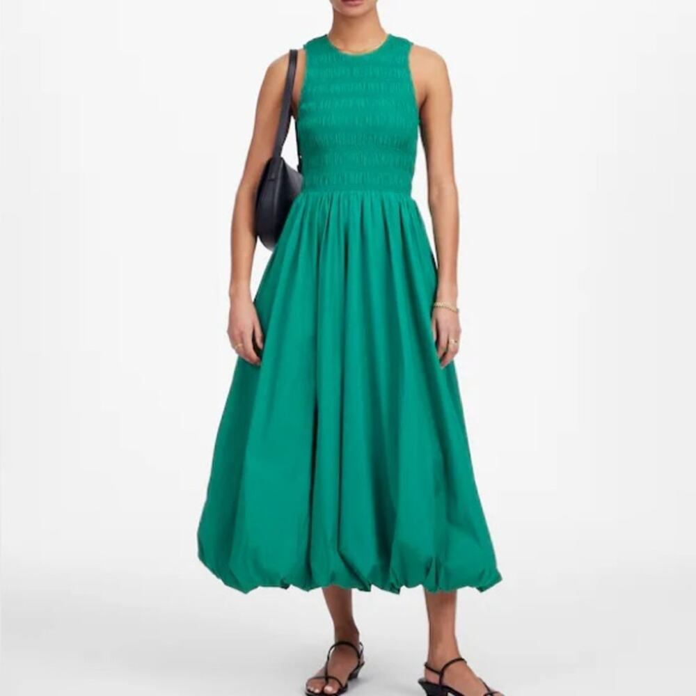 NWT Madewell Verdant Green The‎ Melody Bubble-Hem Smocked Midi Dress Poplin XXS